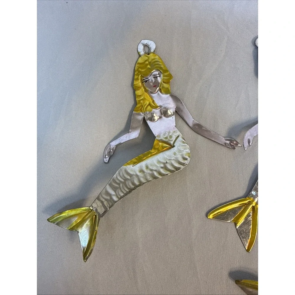 Vintage 3 Metal Mermaids Wall Decor Art Trio Gold Silver Toned Coastal Nautical